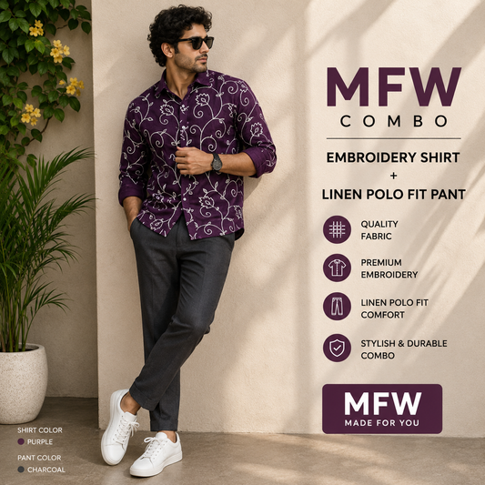 2 in 1 combo embroidery work shirts + lenin polo fit pants buy @600 rs only[ pant color Grey ]