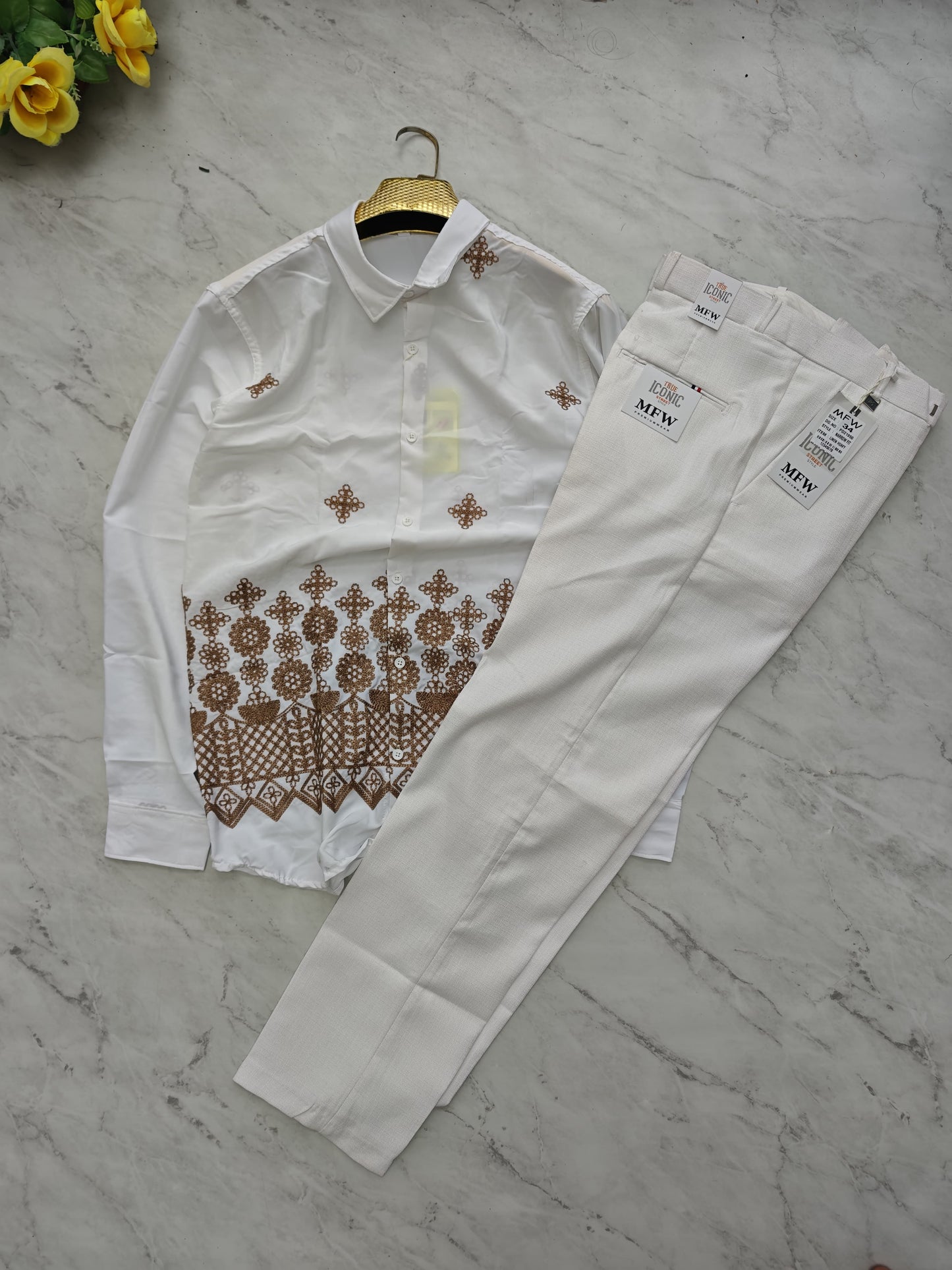 2 in 1 combo MFW Embroidery printed shirts + MFW lenin polo fit pant combo buy @600 rs only