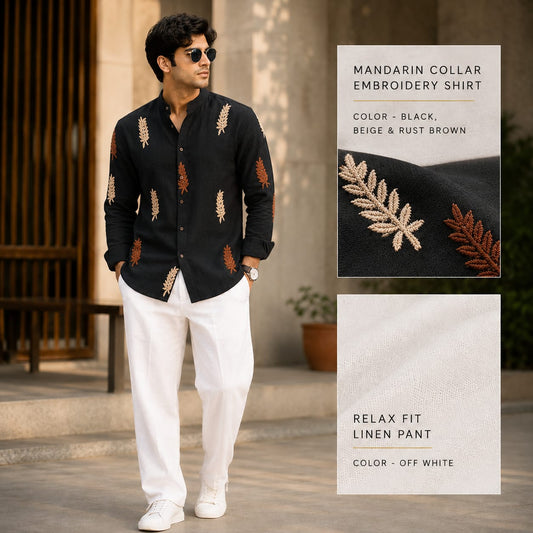 2 in 1 combo mandarin collar embroidery shirts+Lenin relax fit pants combo buy @600 rs only
