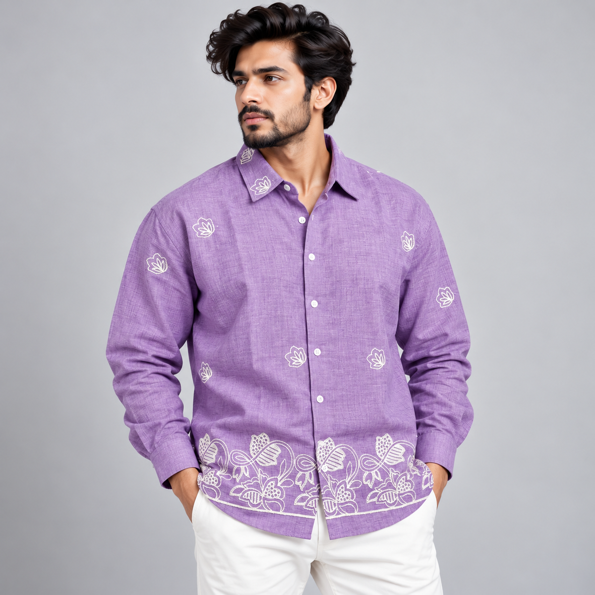 Men's Full sleeve lenin  Bottom Embroidery Shirts single pcs @350 and Buy 3 pc combo @999[D2]