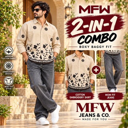 2 in 1 combo MFW border embroidery shirts + mom fit jeans pant buy @600 rs only