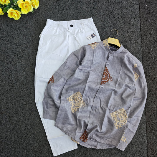 2 in 1 combo mandarin collar embroidery shirts+Lenin relax fit pants combo buy @600 rs only