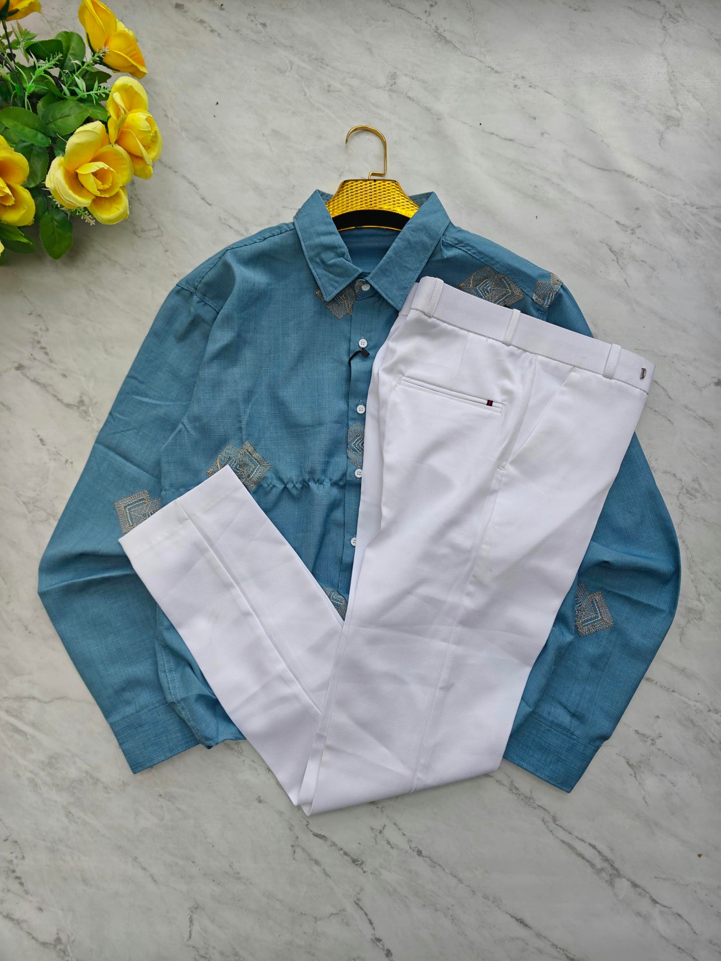 2 in 1 combo MFW Lenin embroidery shirts + twill fabric lenin polo fit pant combo buy @600 rs
