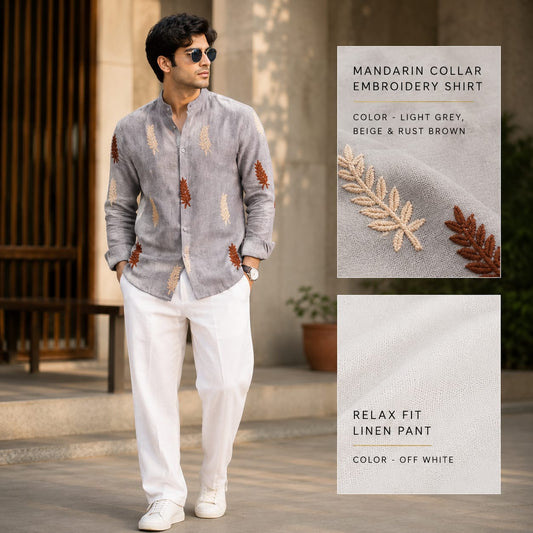 2 in 1 combo mandarin collar embroidery shirts+Lenin relax fit pants combo buy @600 rs only