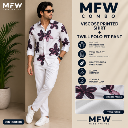 2 in 1 combo MFW viscose printed shirts + Twill fabric polo fit pant buy @600 rs only