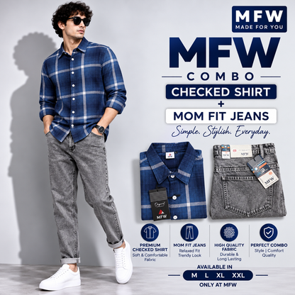 2 in 1 combo MFW checked shirts + mom fit jeans pant buy @600 rs only