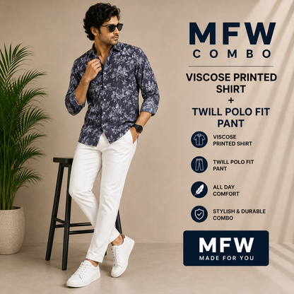 2 in 1 combo MFW viscose printed shirts + Twill fabric polo fit pant buy @600 rs only