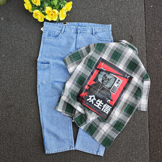 2 in 1 combo MFW double pocket Cuban collar back print shirts + 6 mom fit jeans buy @550 rs only