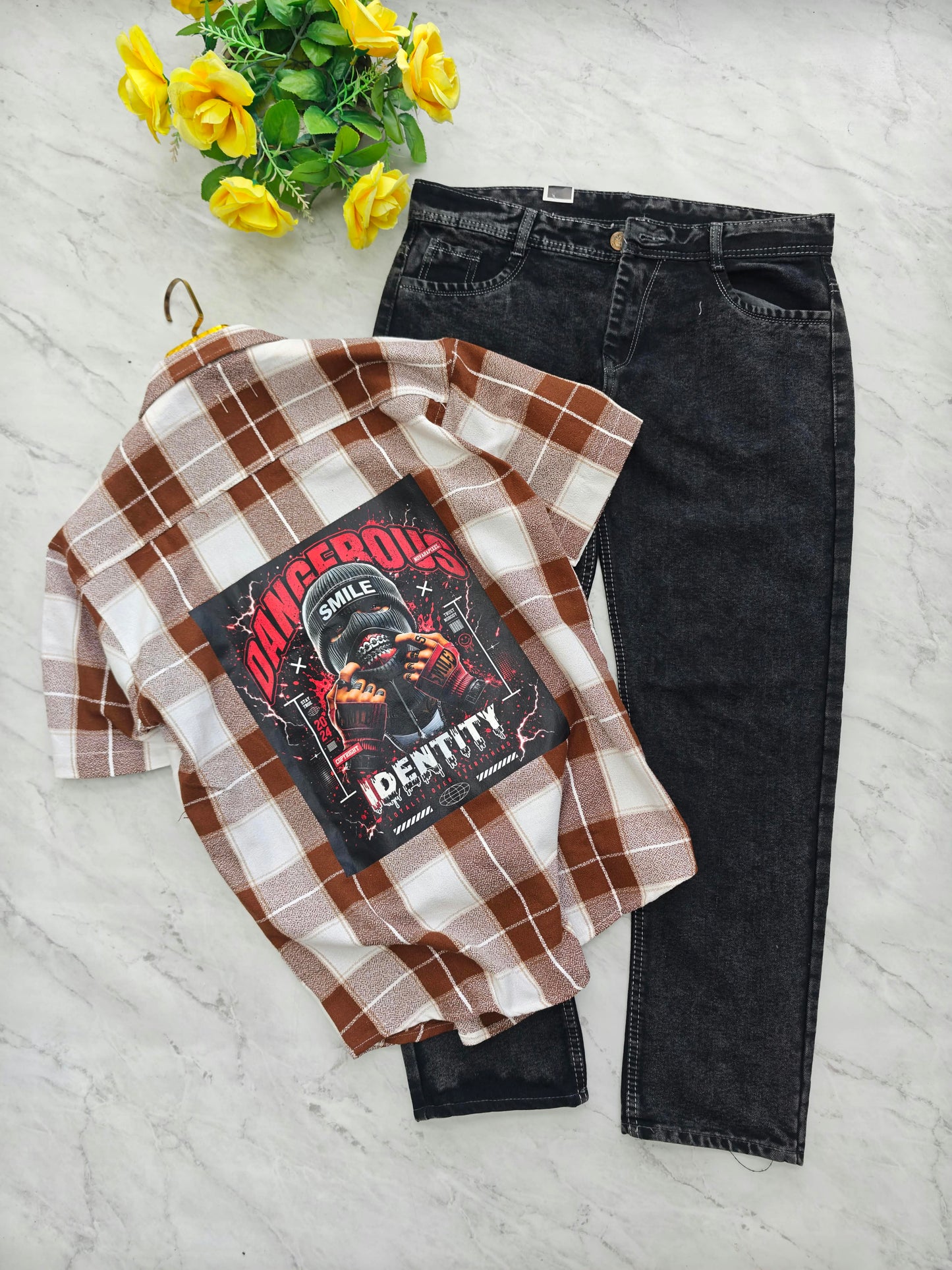 2 in 1 combo Cuban collar back print shirts + plain mom fit jeans pant combo buy @550