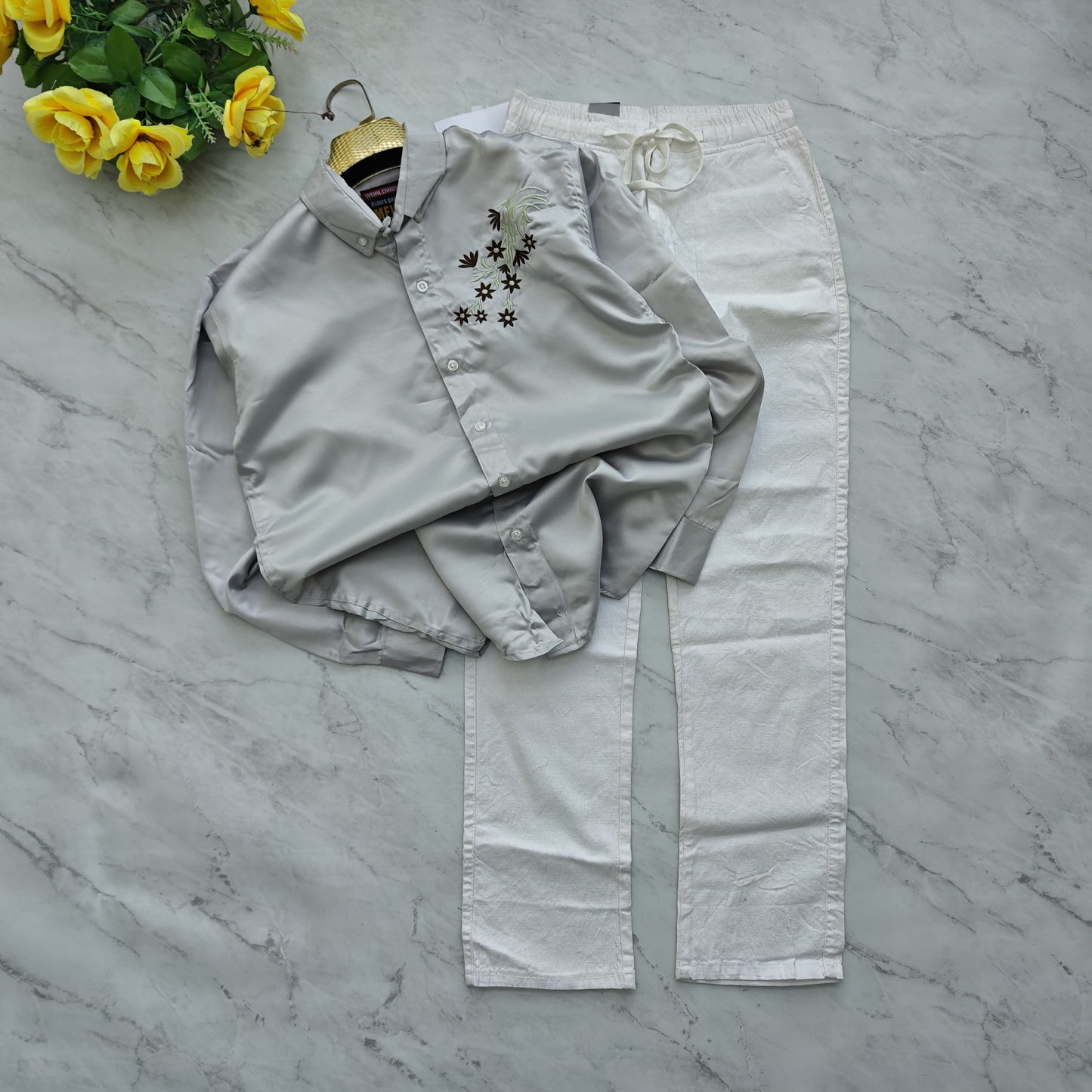 2 in 1 combo MFW embroidery party wear shirts + lenin relax fit pant combo buy @600 rs only