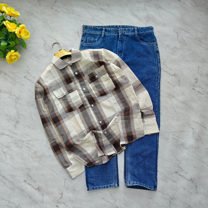 2 in 1 combo double pocket back printed shirts + plain mom fit jeans pant combo buy 550 rs only
