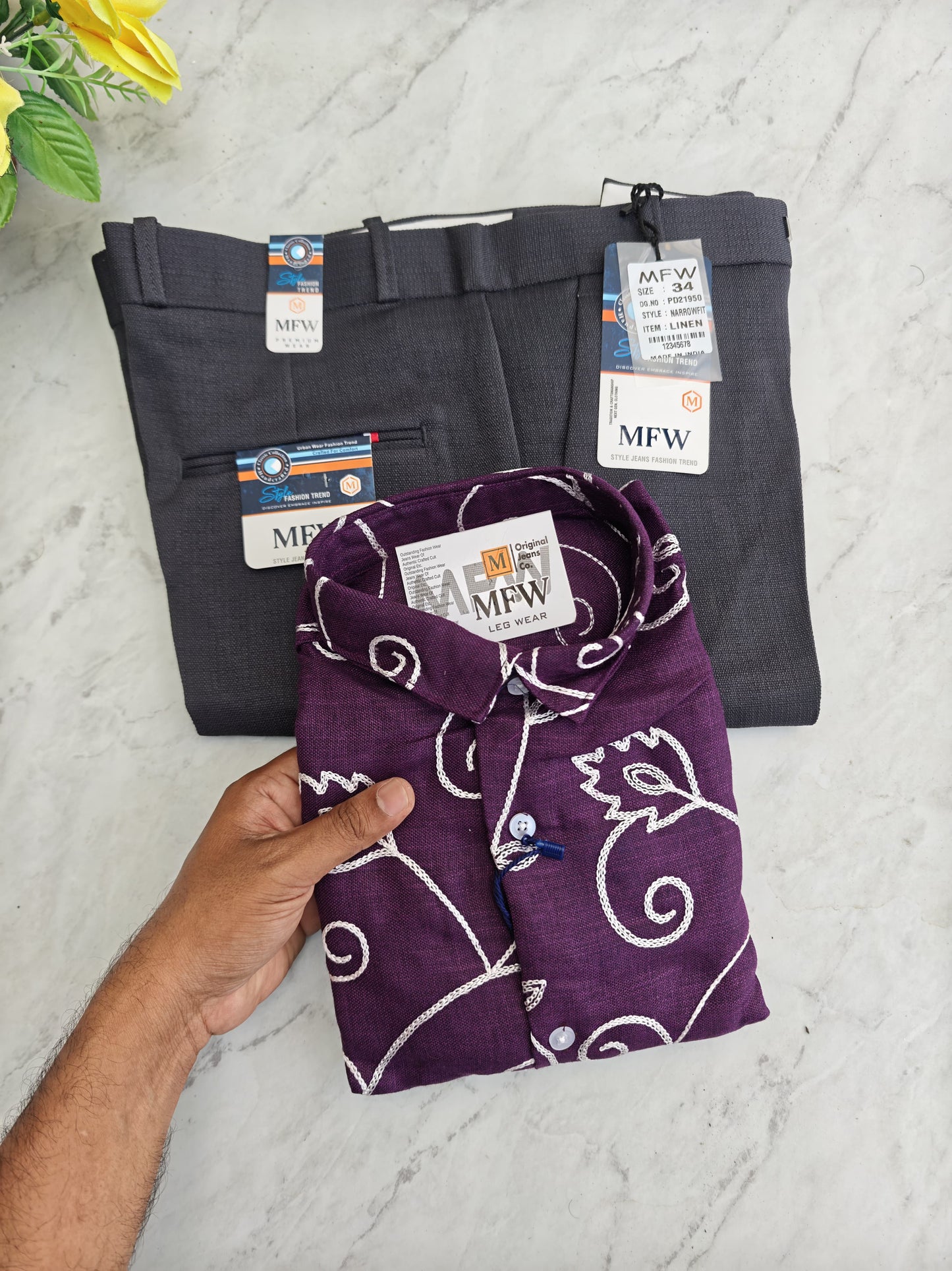 2 in 1 combo embroidery work shirts + lenin polo fit pants buy @600 rs only[ pant color Grey ]