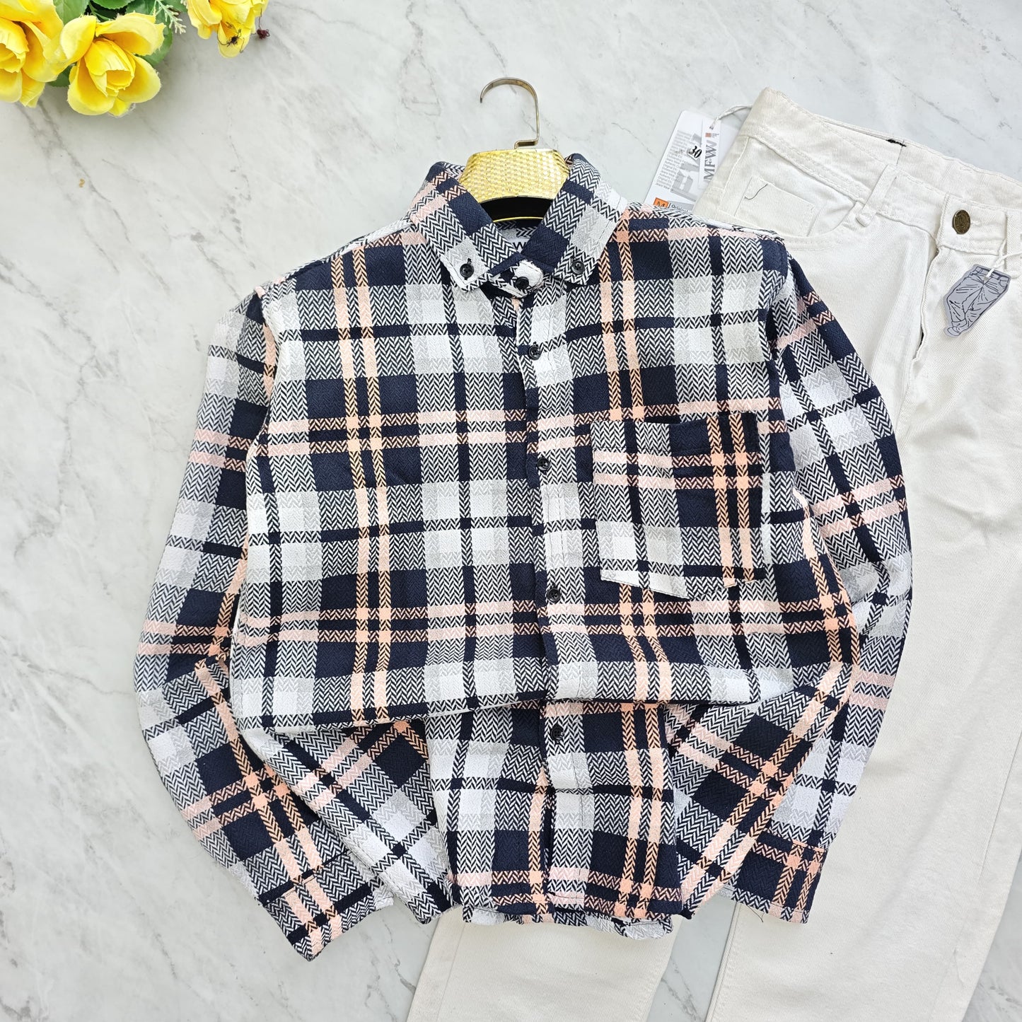 2 in 1 combo MFW Old money korean weaving shirts + plain momfit jeans pant combo buy @600 rs only(Orange)