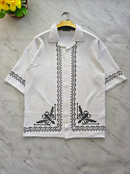 Cuban Collar Oversize Drop Shoulder Polo Designer printed Shirts buy @249[White]