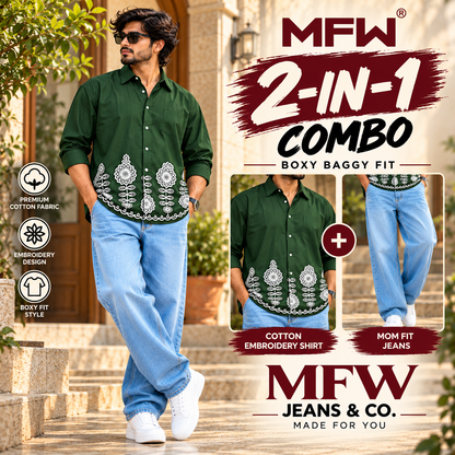2 in 1 combo MFW border embroidery shirts + mom fit jeans pant buy @600 rs only[Shirts green]