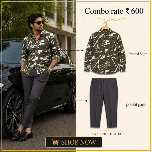 2 in 1 combo Mfw Viscose printed shirts + Polofit pants buy @600rs (green shirt + black pant)