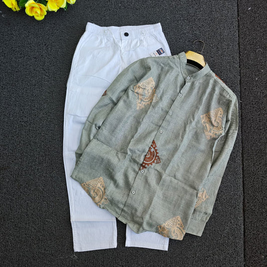 2 in 1 combo mandarin collar embroidery shirts+Lenin relax fit pants combo buy @600 rs only