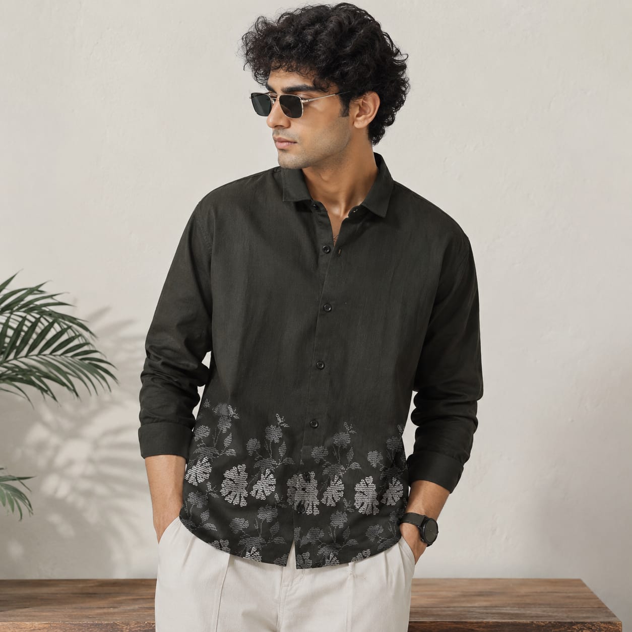 (D1)Men's Full sleeve lenin bottom printed shirts buy @300 rs only (Green)