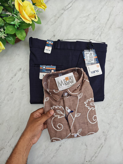 2 in 1 combo embroidery work shirts + lenin polo fit pants buy @600 rs only[ pant color Navy ]