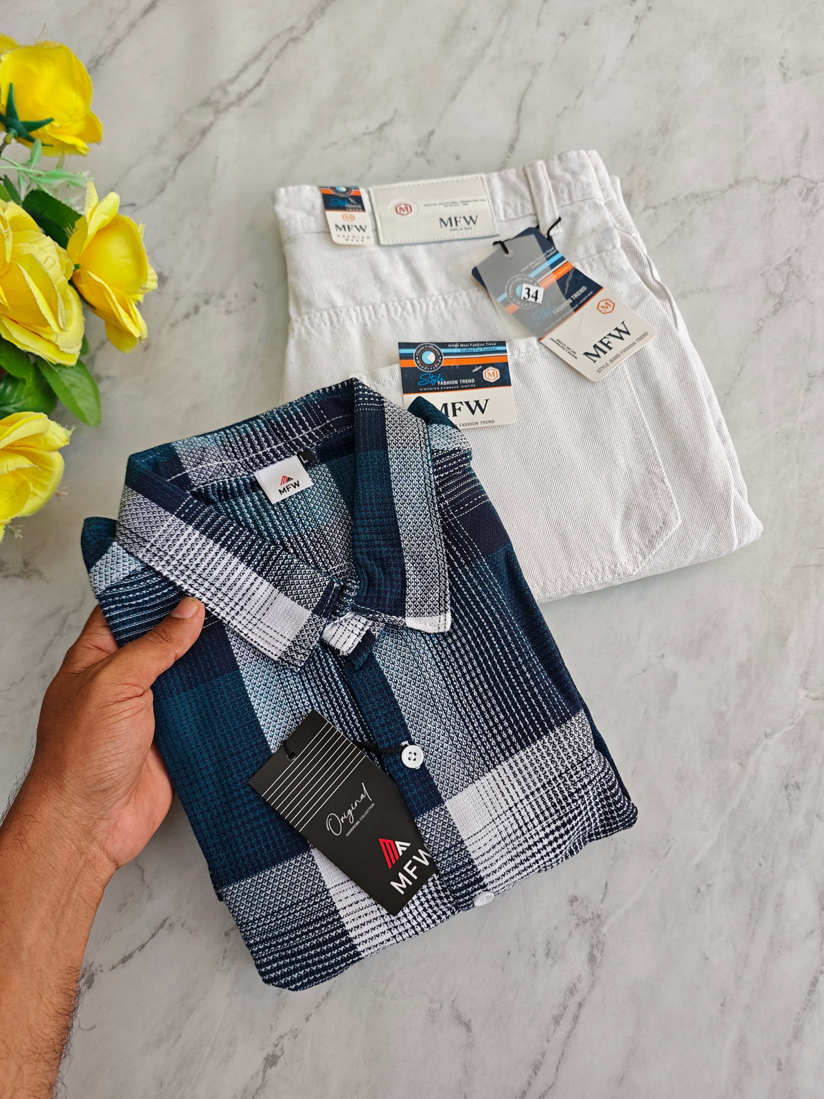 2 in 1 combo MFW checked shirts + mom fit jeans pant buy @600 rs only