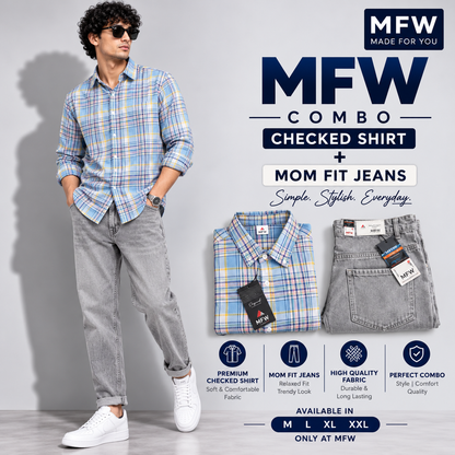 2 in 1 combo MFW checked shirts + mom fit jeans pant buy @600 rs only