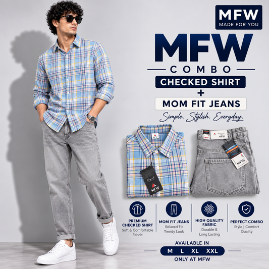 2 in 1 combo MFW checked shirts + mom fit jeans pant buy @600 rs only