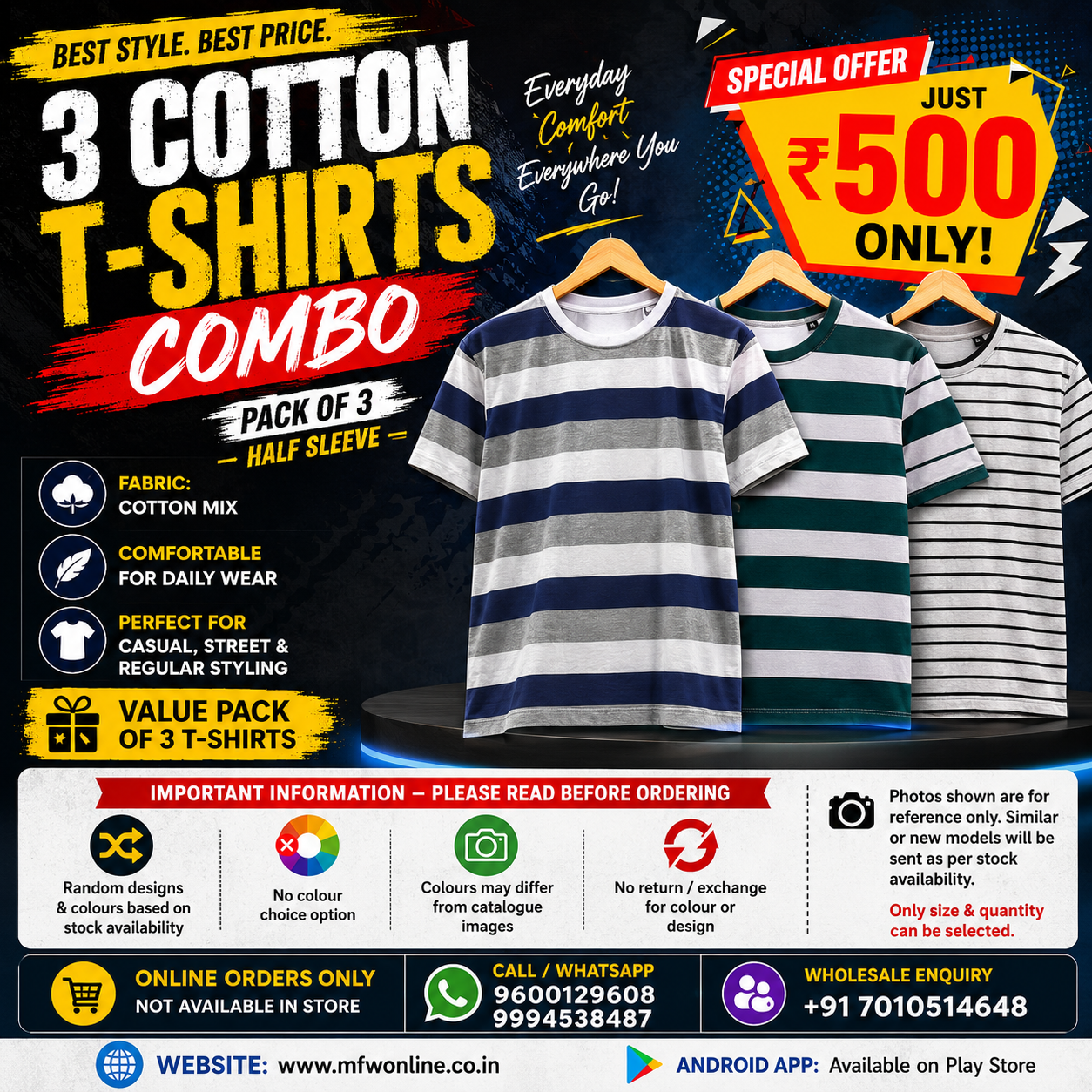 3 in 1 combo buy 3 pcs Random design Half sleeve cotton tshirt buy @500 only (Read Description before ordering)