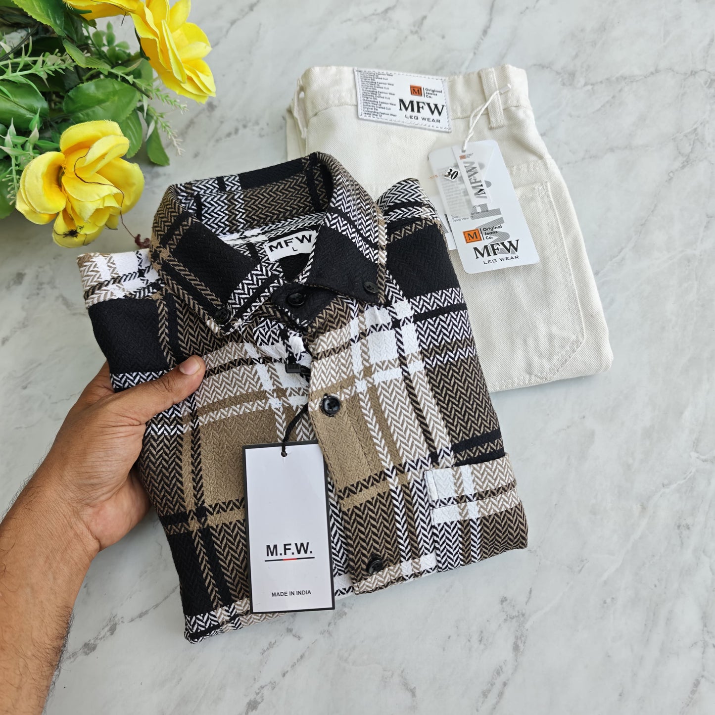 2 in 1 combo MFW Old money korean weaving shirts + plain momfit jeans pant combo buy @600 rs only