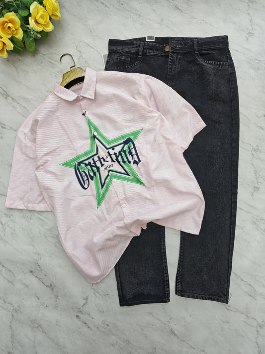 2 in 1 combo Box Fit shirts + plain mom fit jeans pant combo buy @600 rs only