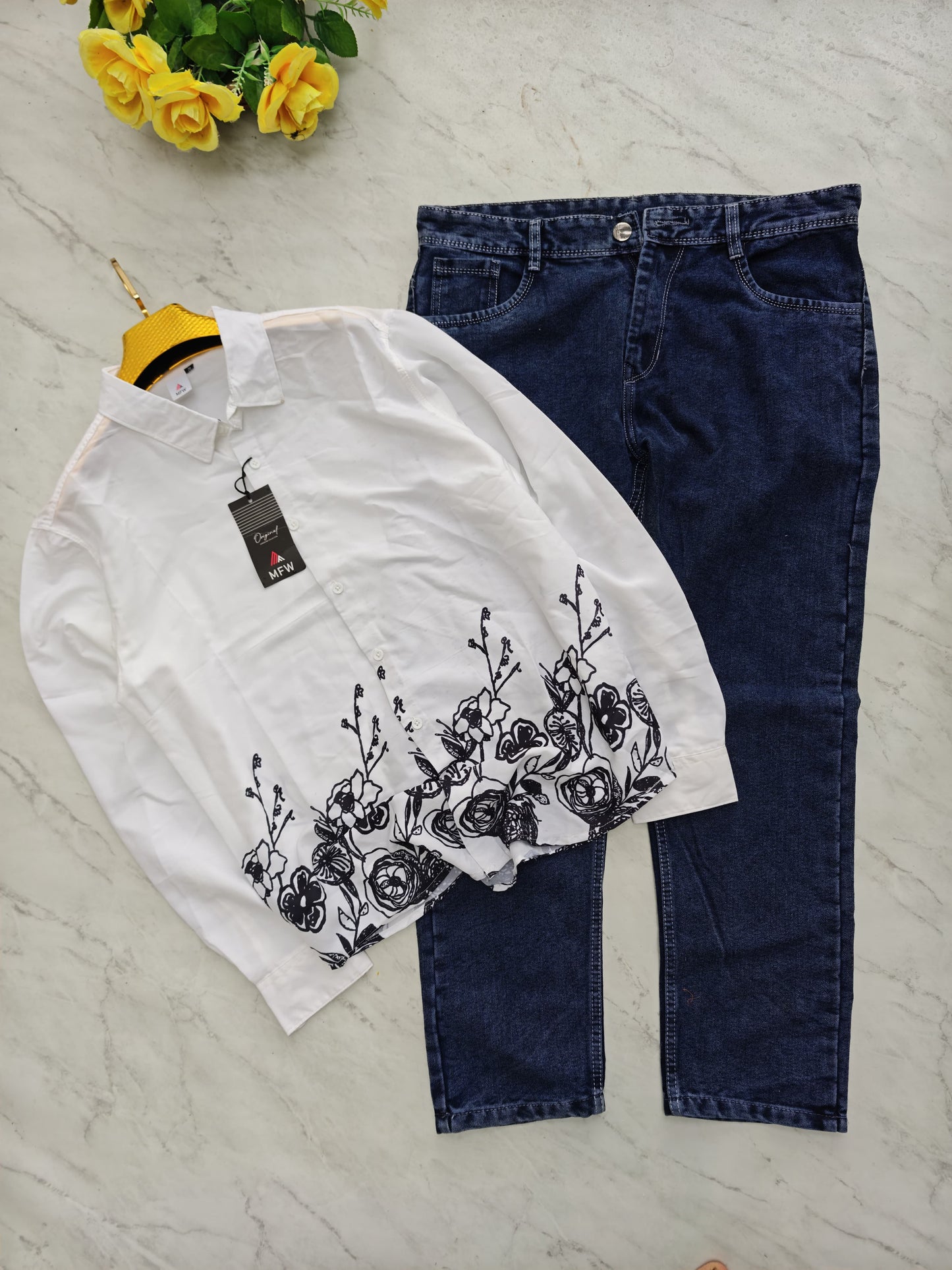 2 in 1 combo viscose bottom printed shirts + mom fit jeans pant combo buy @600 rs only