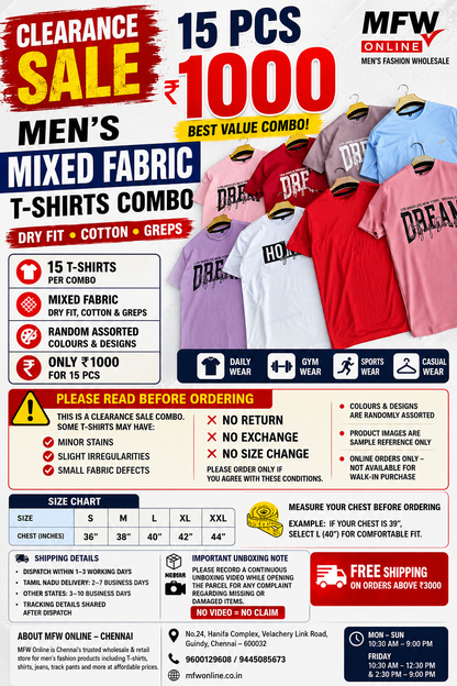 Men's Dry Fit T-Shirts Combo – 15 Pcs @ ₹1000 | MFW (Clearance sale)