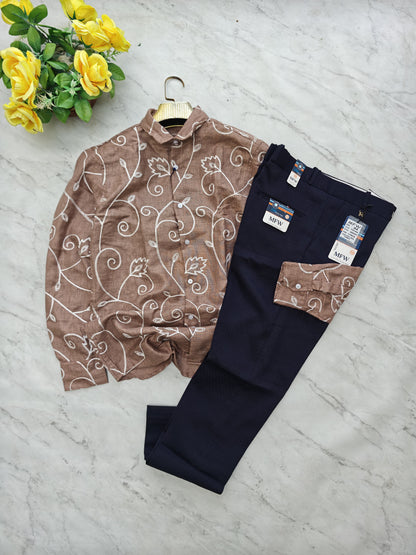 2 in 1 combo embroidery work shirts + lenin polo fit pants buy @600 rs only[ pant color Navy ]