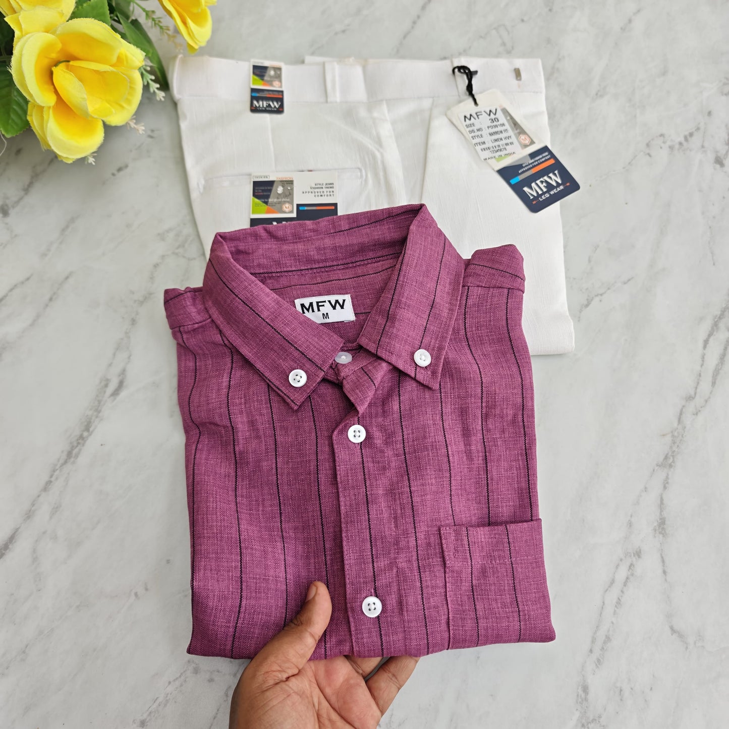 2 in 1 combo MFW old money lenin stripes shirts + lenin polo fit pants combo buy @600 rs only