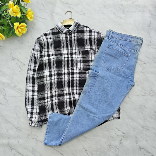 2 in 1 combo korean weaving shirts+ 6 pocket mom fit jeans pant combo buy @600 rs only