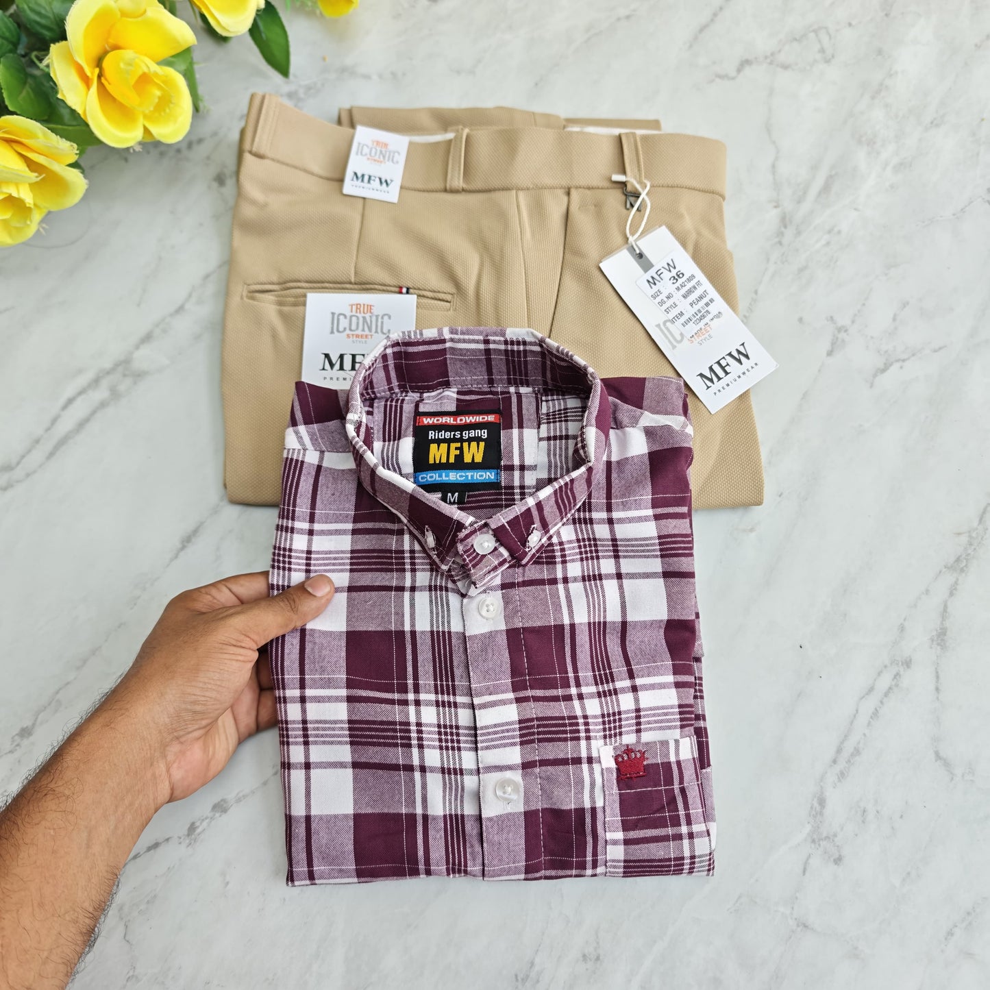 2 in 1 combo oxford checked shirts +penut fabric polo fit pants combo buy @550 rs only
