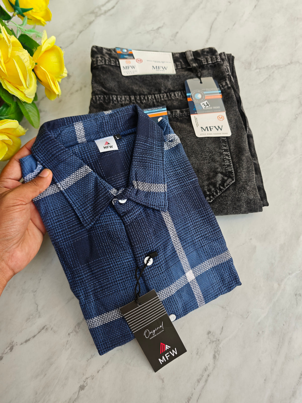 2 in 1 combo MFW checked shirts + mom fit jeans pant buy @600 rs only