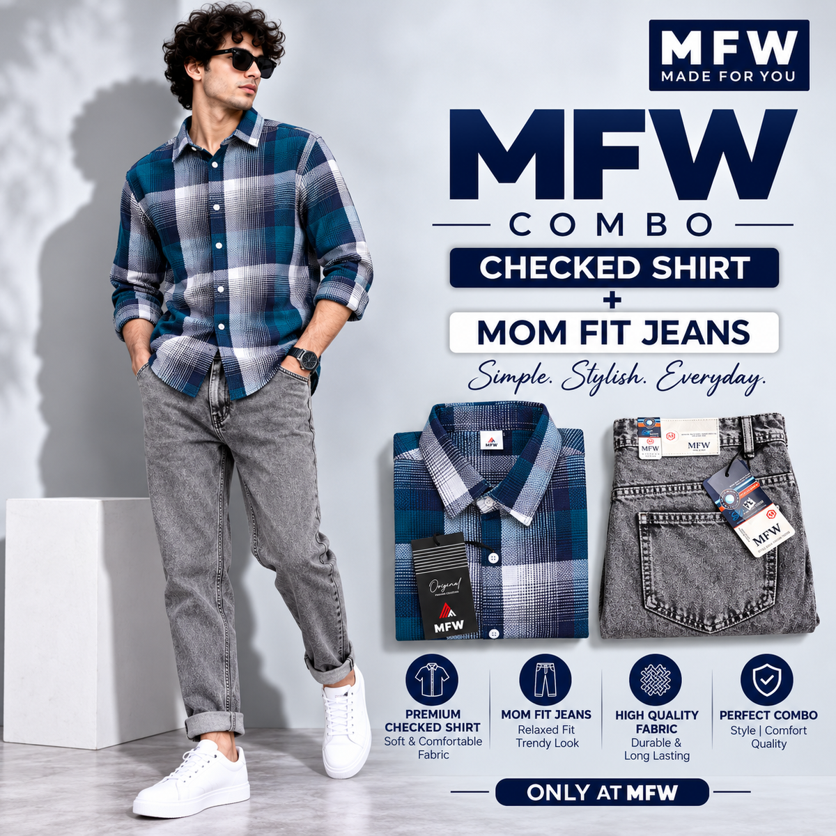 2 in 1 combo MFW checked shirts + mom fit jeans pant buy @600 rs only