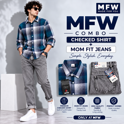 2 in 1 combo MFW checked shirts + mom fit jeans pant buy @600 rs only