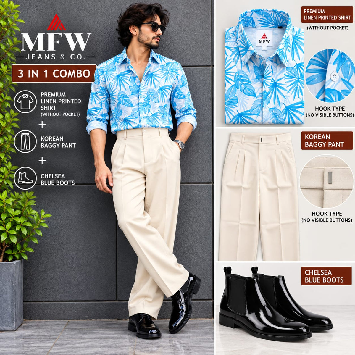 3 in 1 combo MFW Lenin printed shirts + korean baggy pants + boots buy @999 only