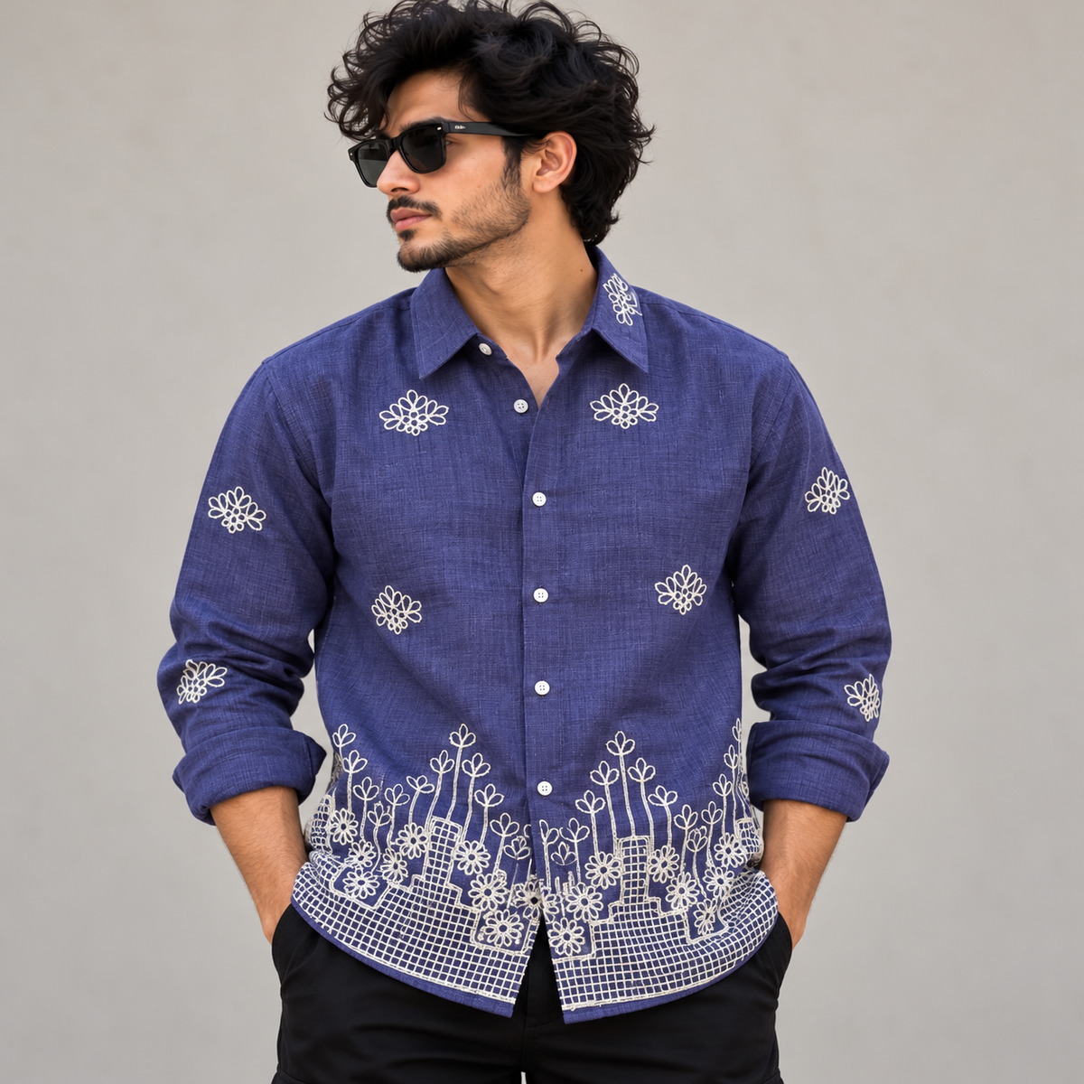 Men's Full sleeve lenin  Bottom Embroidery Shirts single pcs @350 and Buy 3 pc combo @999