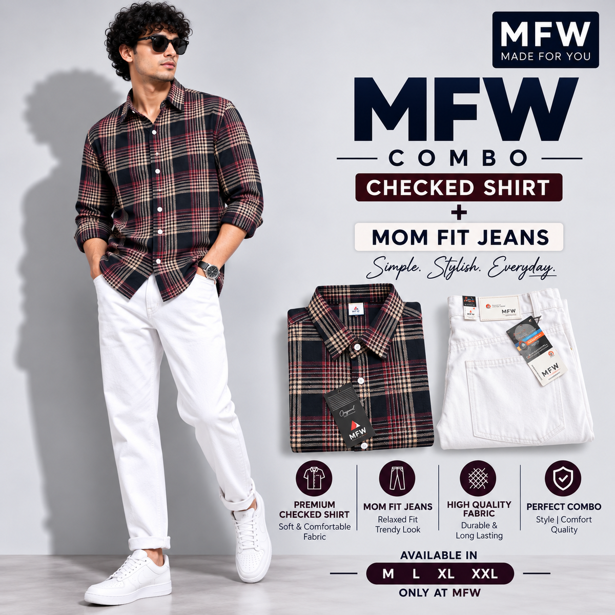 2 in 1 combo MFW checked shirts + mom fit jeans pant buy @600 rs only