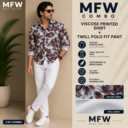 2 in 1 combo MFW viscose printed shirts + Twill fabric polo fit pant buy @600 rs only