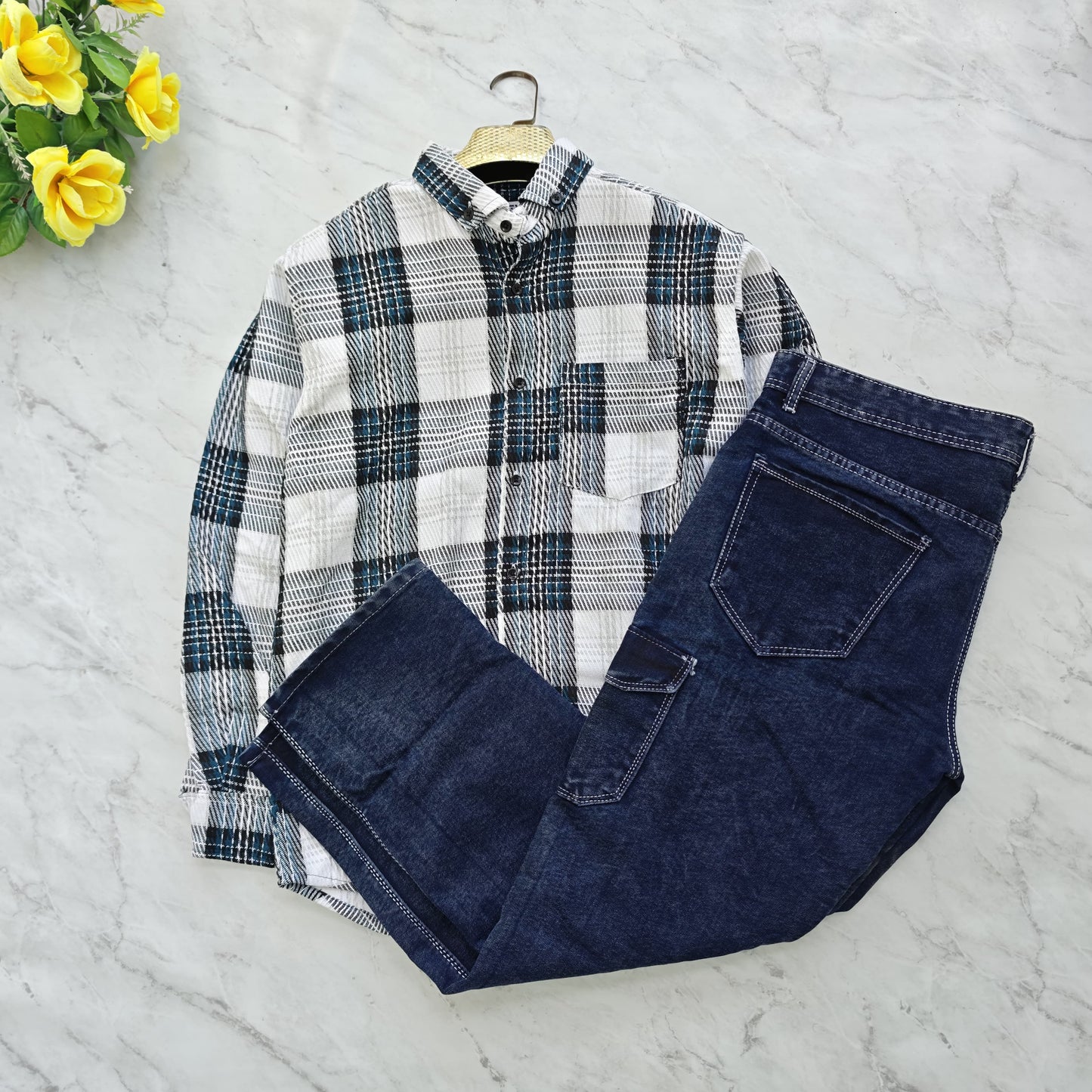 2 in 1 combo korean weaving shirts+ 6 pocket mom fit jeans pant combo buy @600 rs only