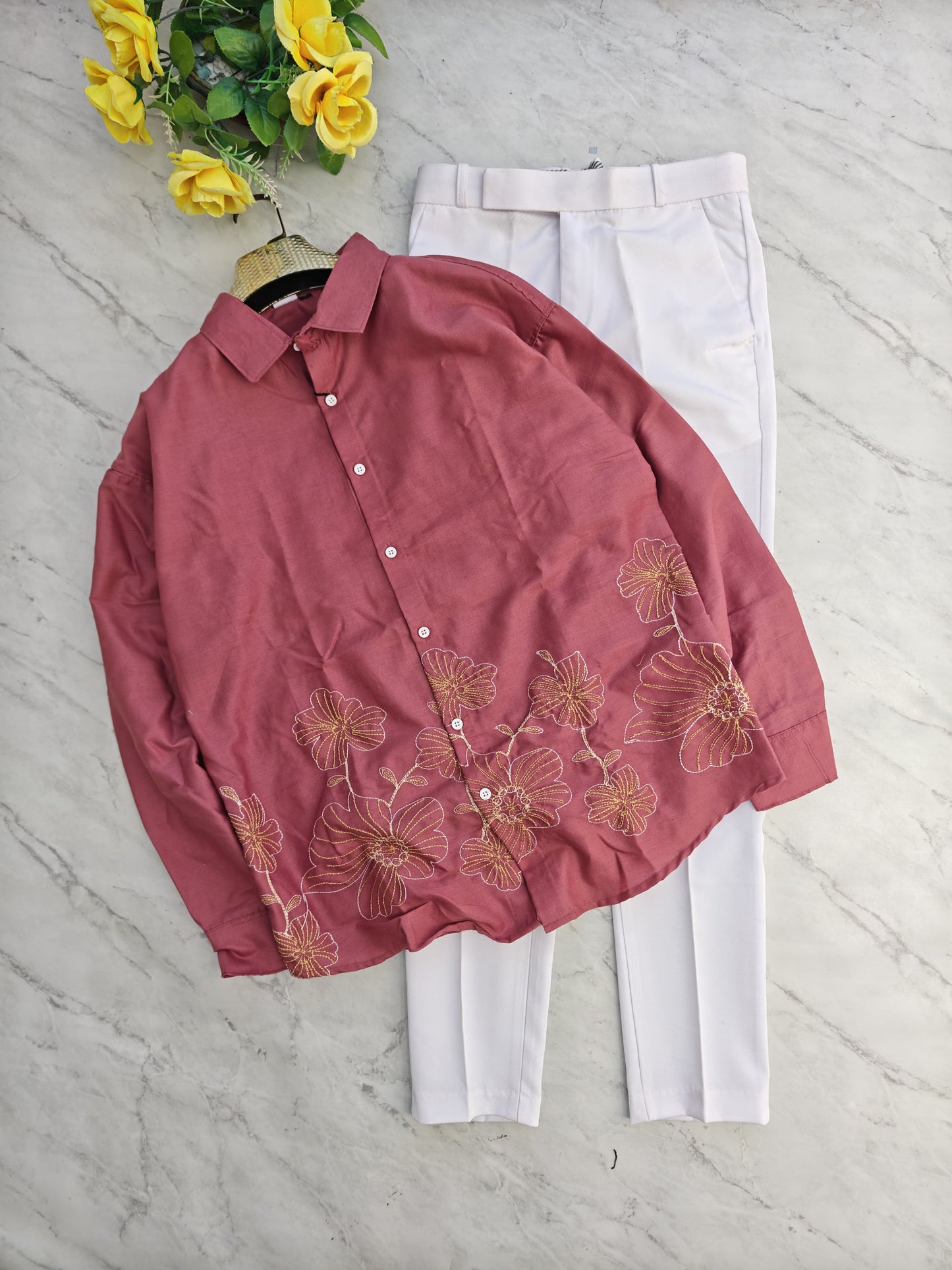 2 in 1 combo Cotton embroidery shirts + twill fabric polo fit pants combo buy @600 rs only