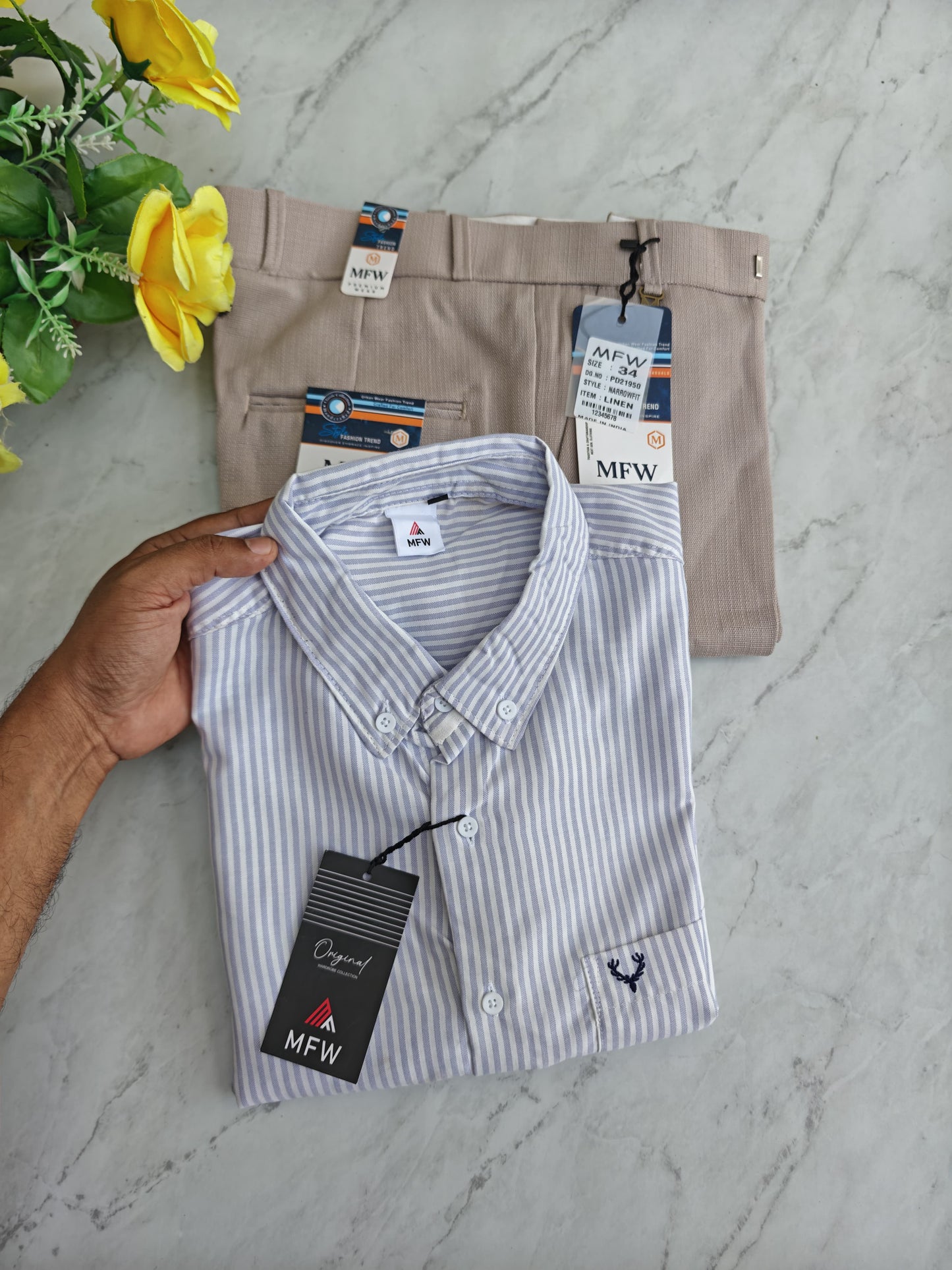 2 in 1 combo MFW Boxy fit Oxford stripes shirts + Lenin polo fit pant combo buy @600 rs only