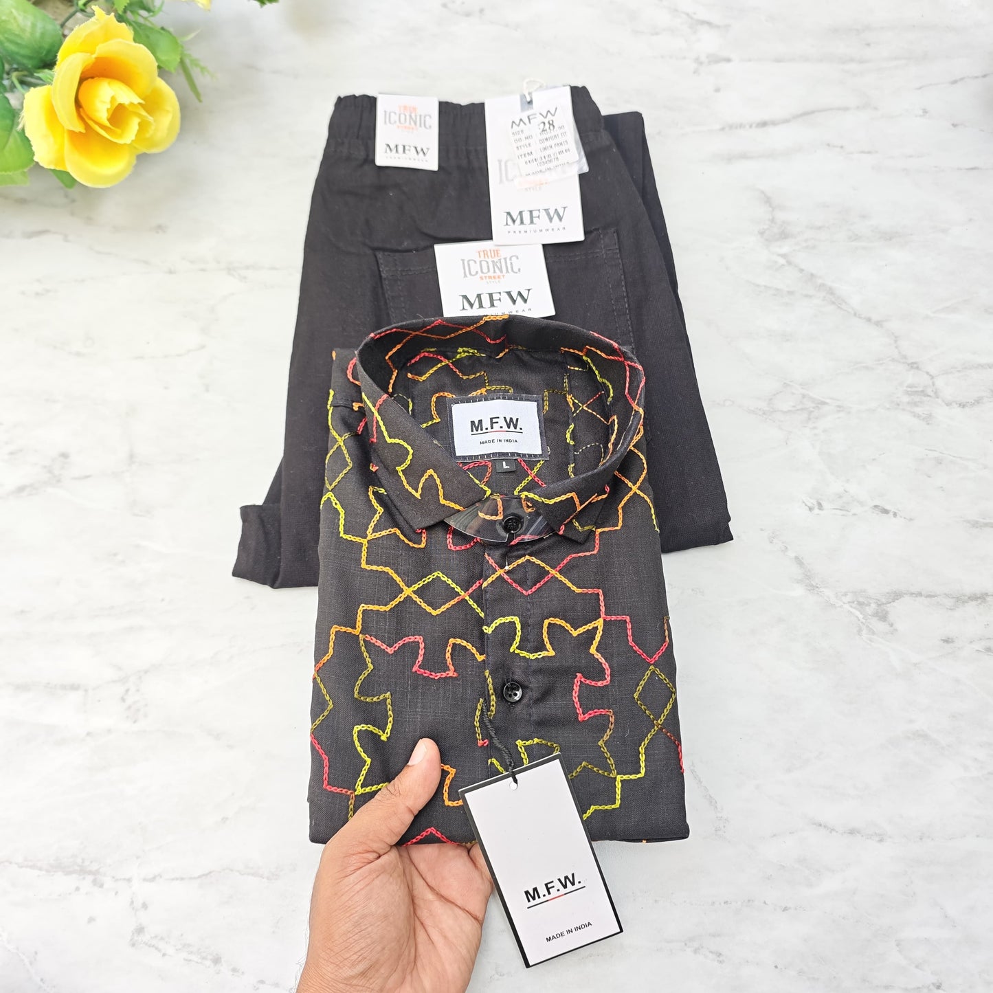 2 in 1 combo MFW embroidery shirts + lenin relax fit pants combo buy @600 rs only