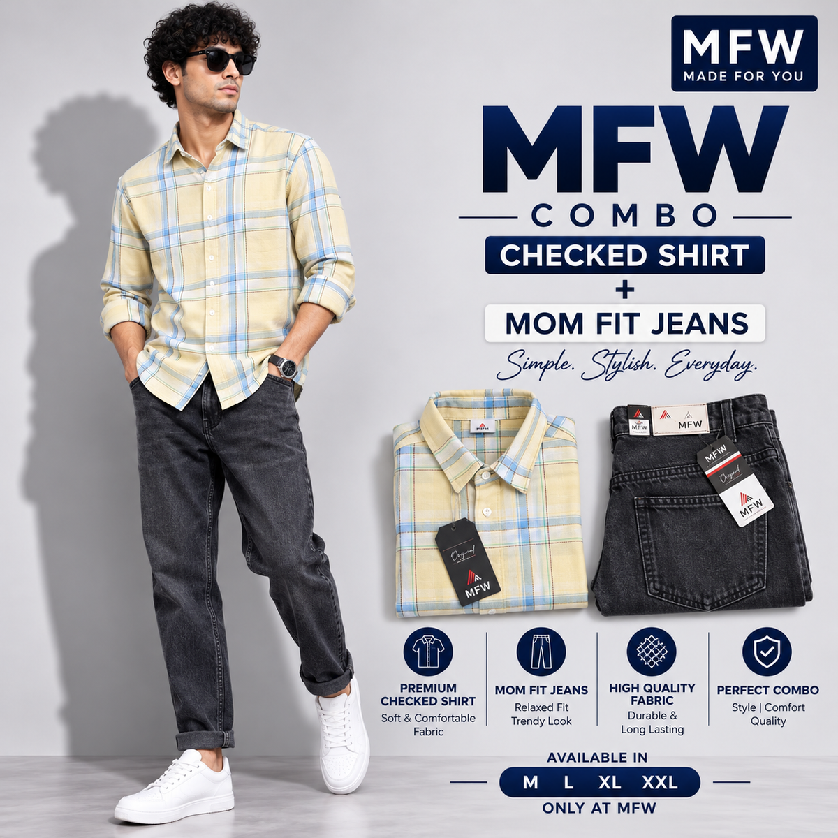 2 in 1 combo MFW checked shirts + mom fit jeans pant buy @600 rs only