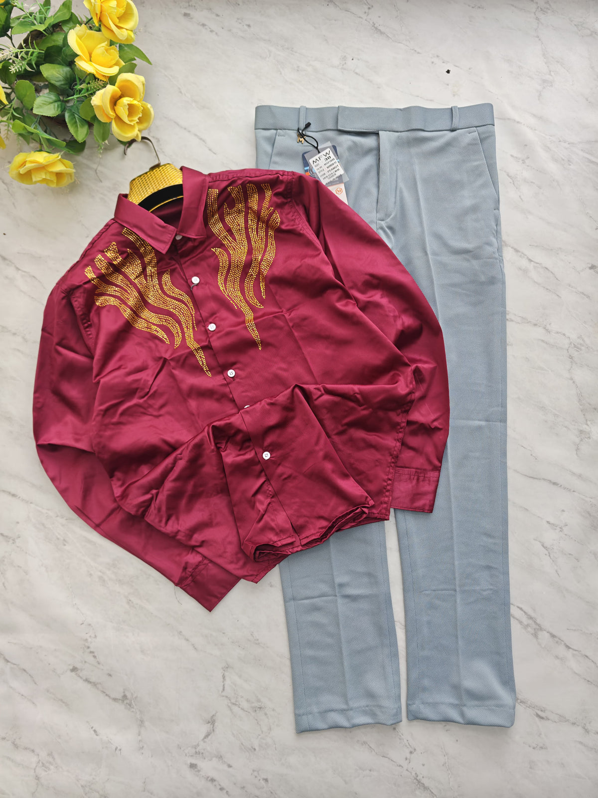 2 in 1 combo Party wear Stone work shirts + peanut fabric polofit pant buy @600 rs only