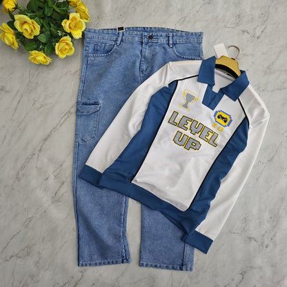 2 in 1 combo full sleeve Korean zipper tshirt + 6 pocket mom fit jeans combo buy @600 rs only