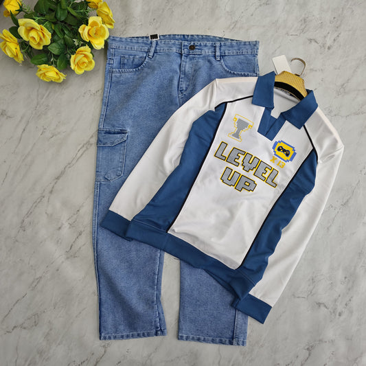 2 in 1 combo full sleeve Korean zipper tshirt + 6 pocket mom fit jeans combo buy @600 rs only